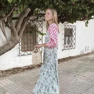 Zara Ecru cotton oversized mixed floral midi dress with 3/4 sleeves